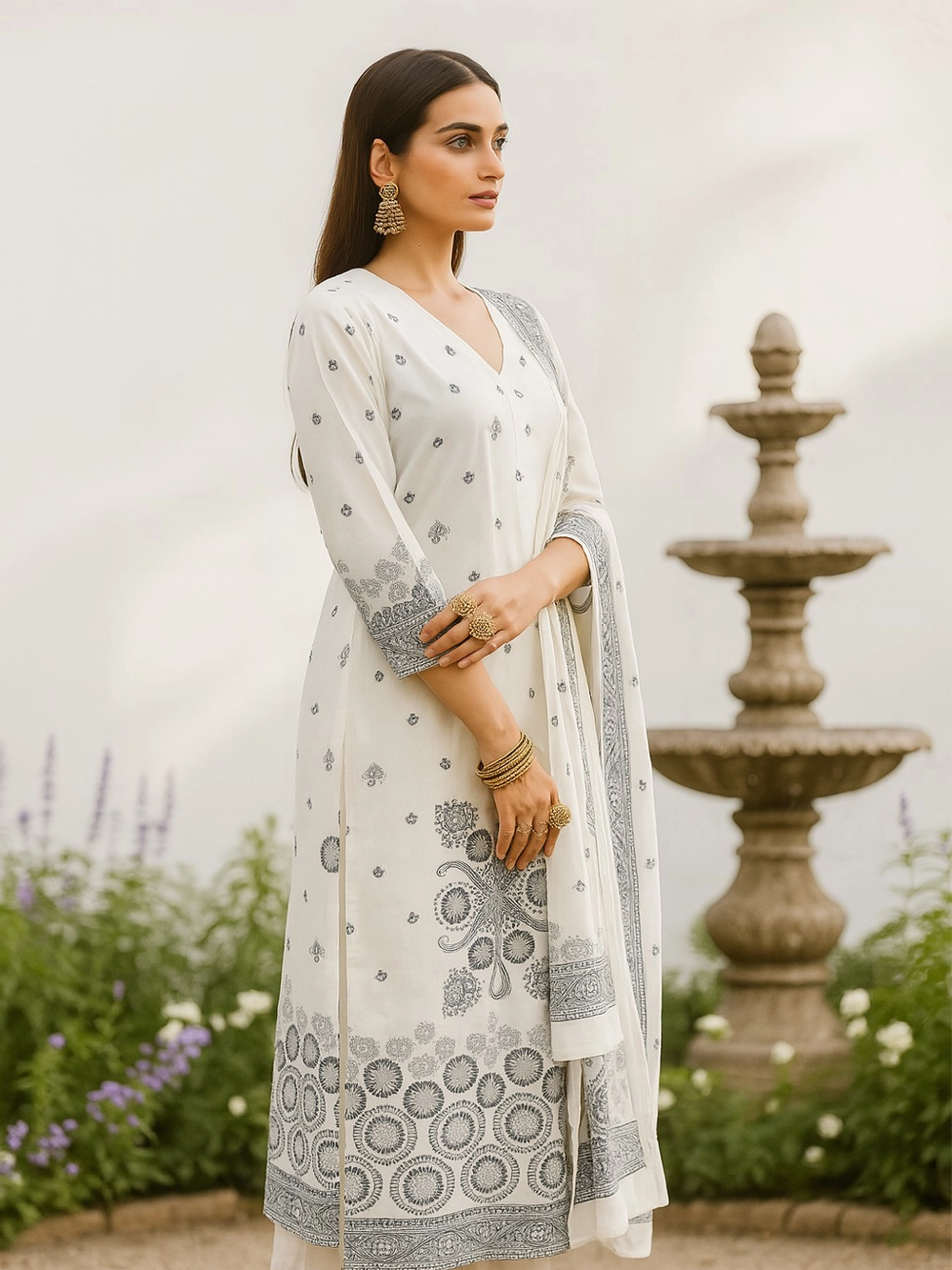 Ivory White & Grey Handblock Kurta Set with Dupatta – Timeless Elegance