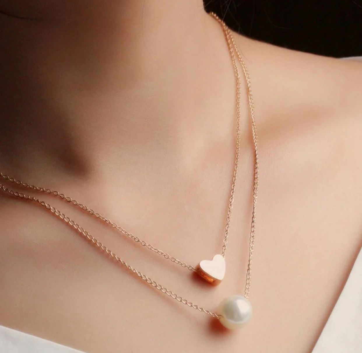 Golden Duo Layer Pearl & Heart Necklace