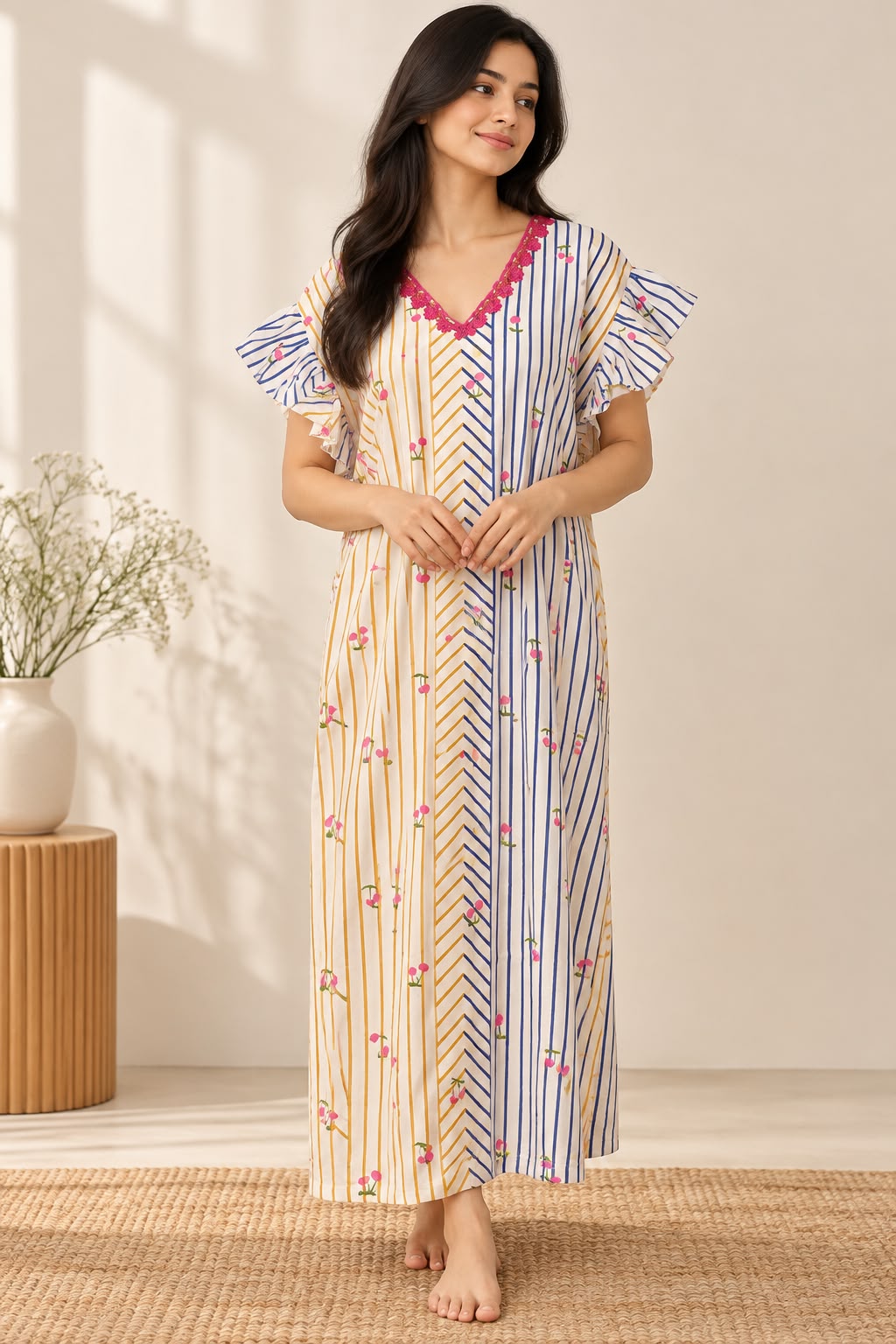 Bloom Stripe Ruffle White Multicolour Striped Maxi