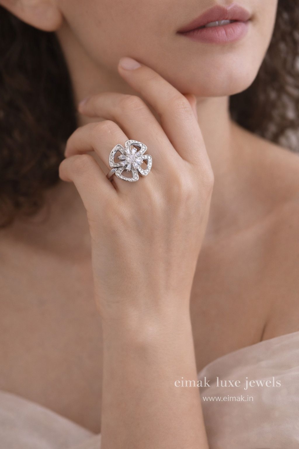 Crystal Bloom Adjustable Silver Ring