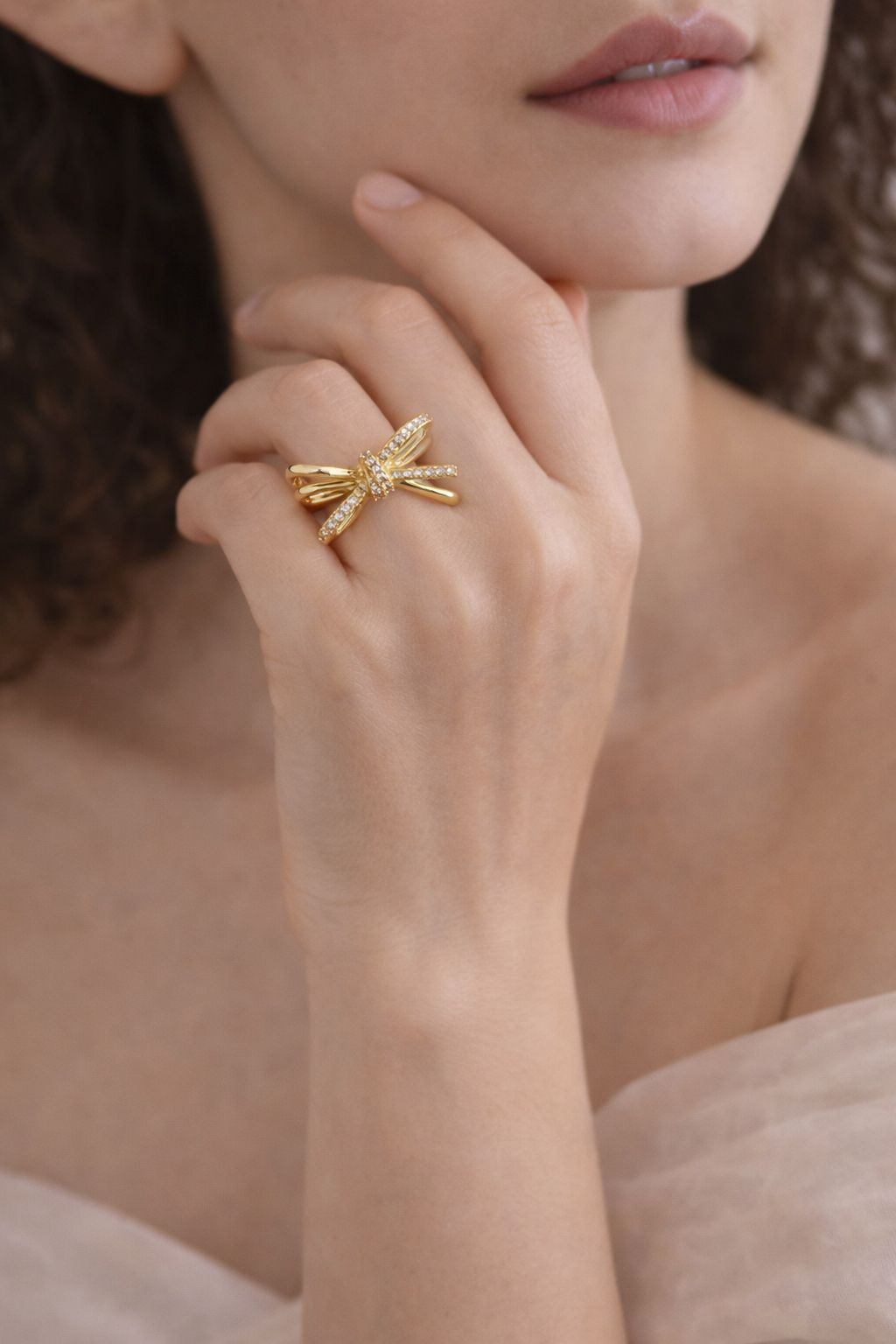 Eimak Bloom Bow Adjustable Diamond Ring – Gold Finish