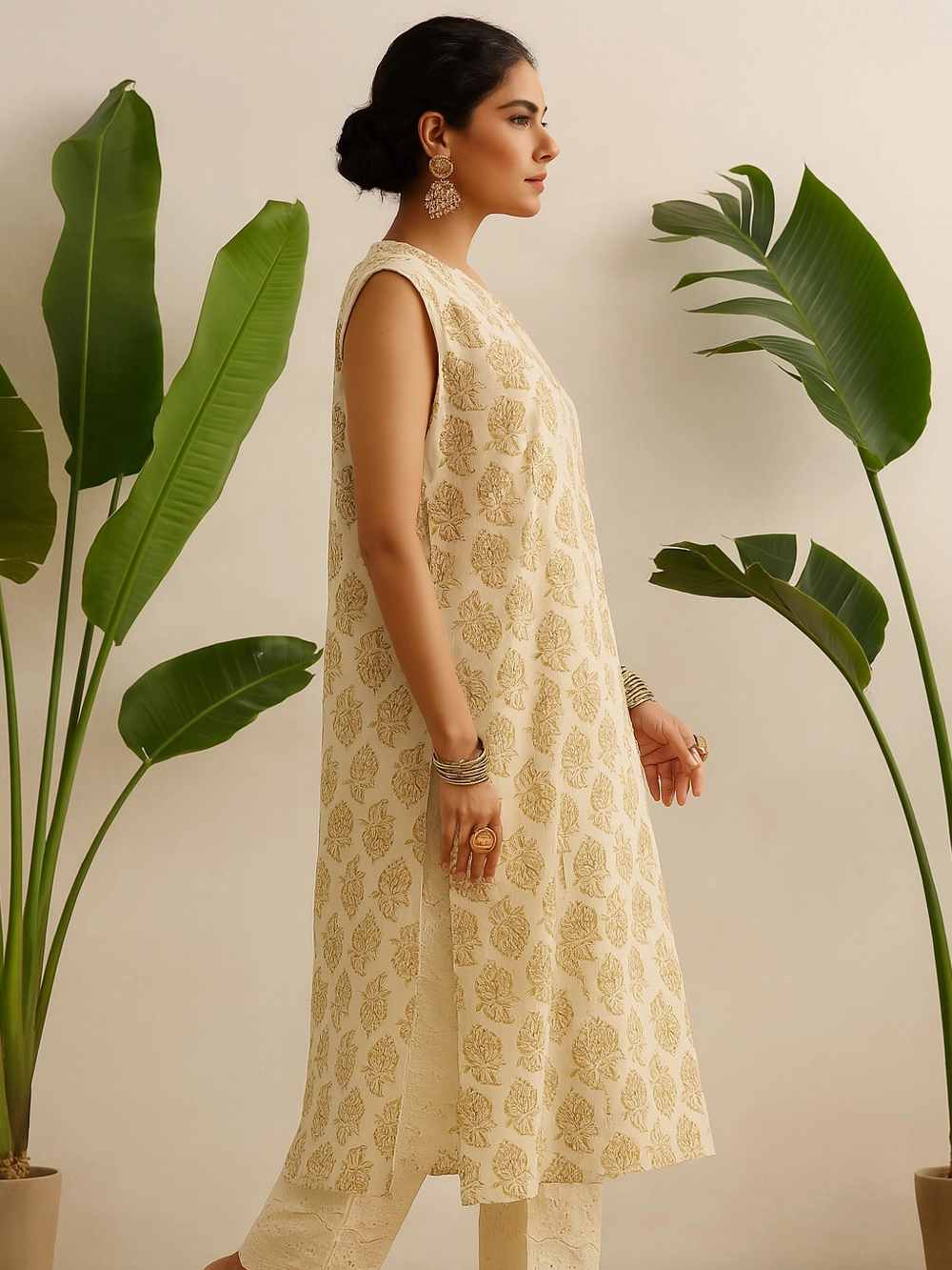 Elegant Cream Printed Sleeveless Kurta Set – Timeless Grace