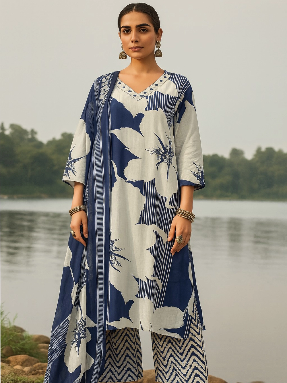 Indigo Blue & White Floral Fusion Kurta Set – Bold Elegance