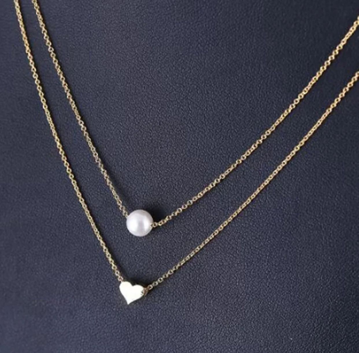 Golden Duo Layer Pearl & Heart Necklace