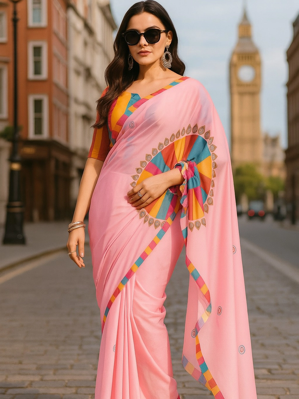 Blush Pink Saree with Geometric Sunburst Motif & Multicolor Border