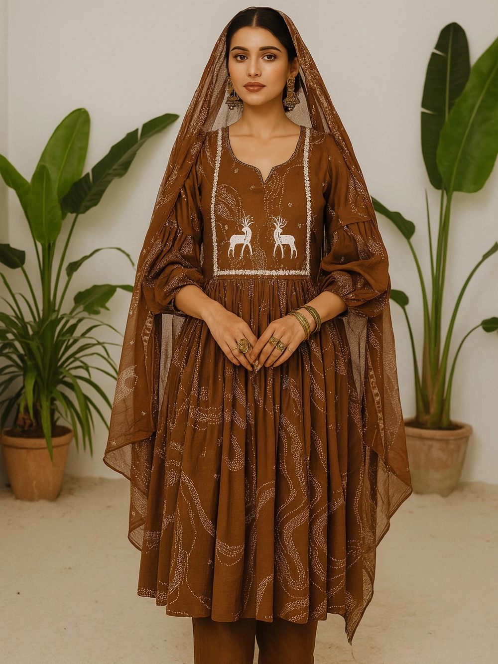 Regal Brown Handcrafted Gown Set with Embroidered Details & Dupatta
