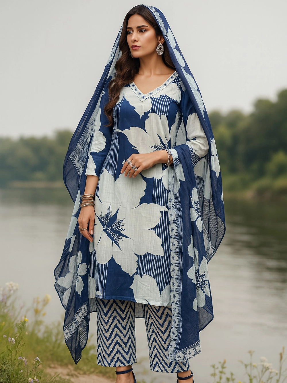 Indigo Blue & White Floral Fusion Kurta Set – Bold Elegance