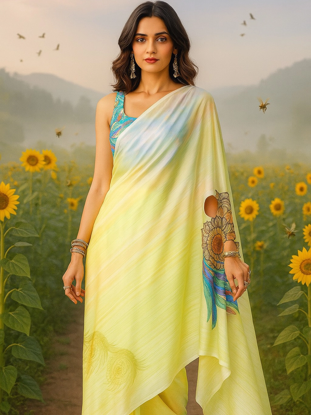 Pastel Yellow Ombre Saree with Sunflower & Peacock Feather Artwork