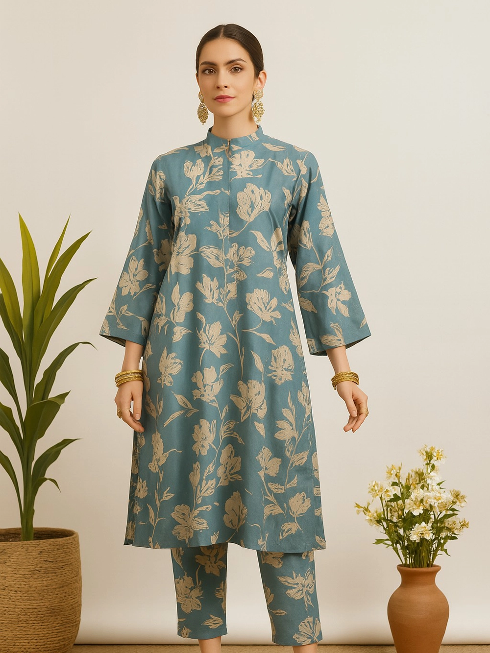 Teal Blue Floral Printed Co-ord Set with Mandarin Collar Kurta