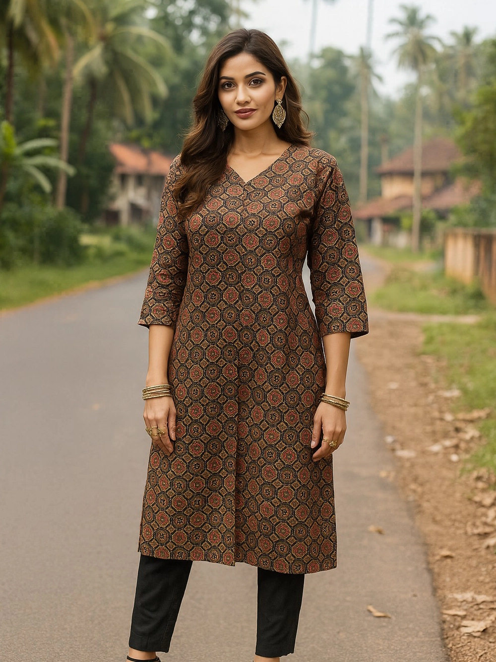 Coffee Brown Straight Kurthi with Traditional Geometric Print