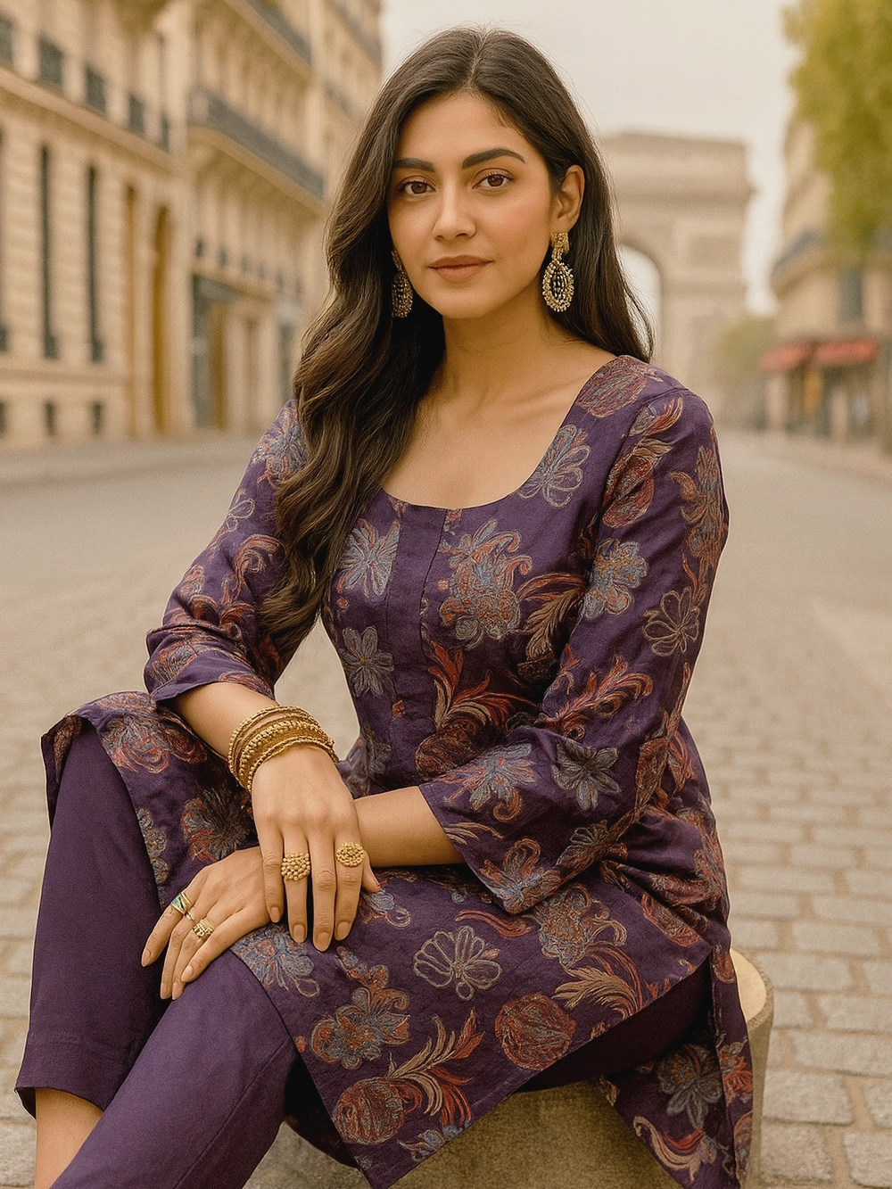 Royal Purple Ethnic Co-ord Set with Floral Motif Kurta & Straight Pants