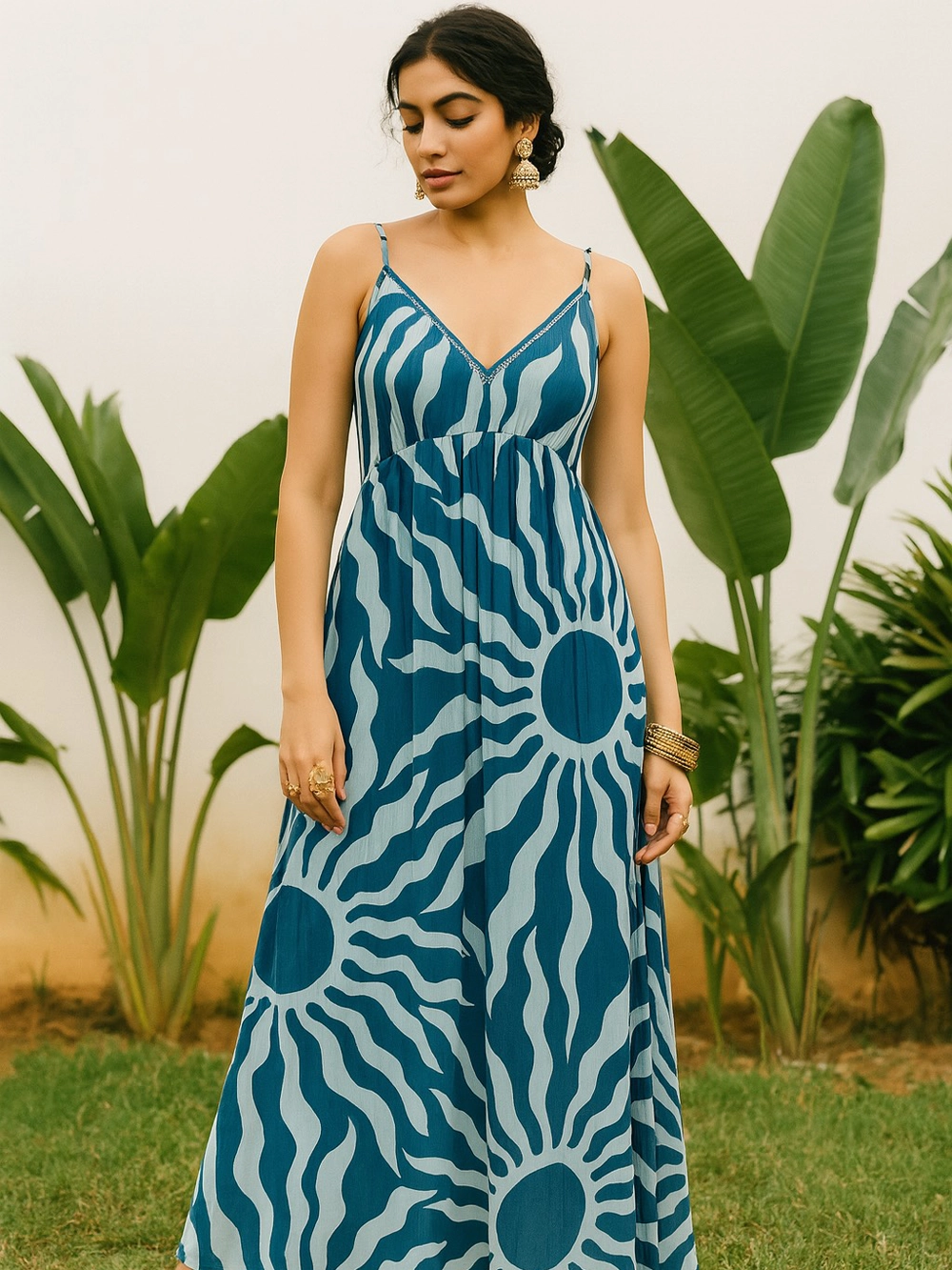 Blue Sunburst Print Gown Dress – Free-Spirited Elegance