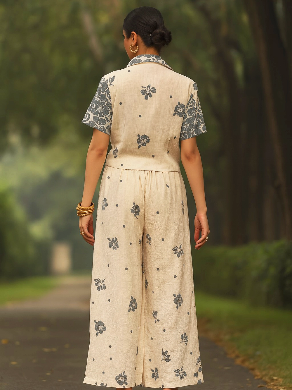Beige & Sage Green Floral Printed Cotton Co-ord Set – Shirt & Culottes
