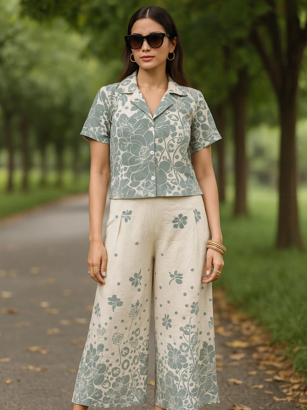 Beige & Sage Green Floral Printed Cotton Co-ord Set – Shirt & Culottes