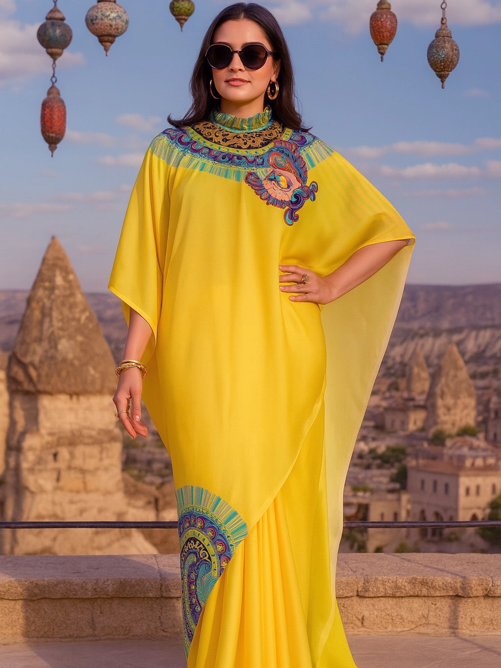Sunshine Yellow Saree with Bold Mandala Peacock Print & Striped Blouse