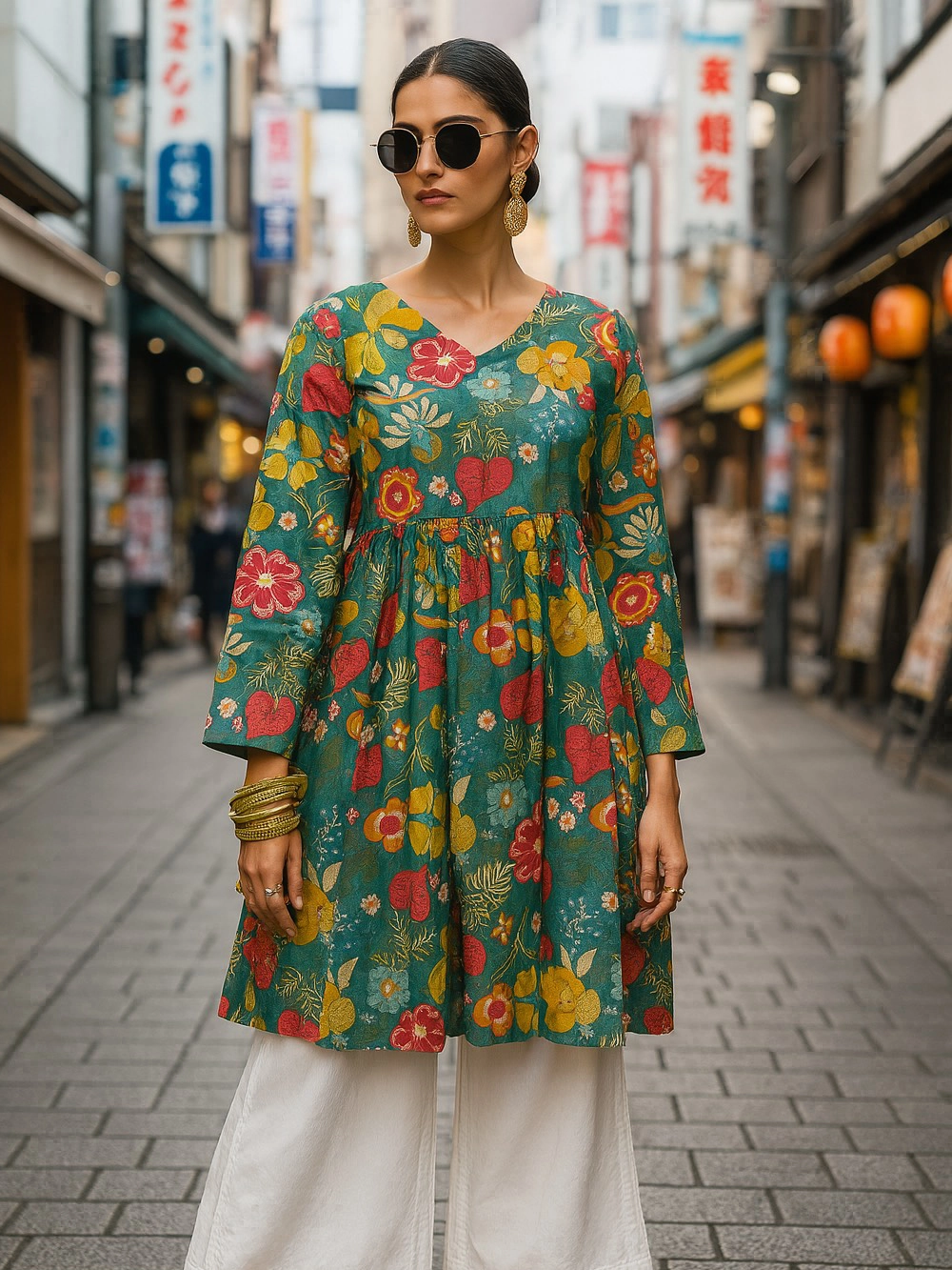 Teal Green Short Kurthi with Multicolor Tropical Floral Print