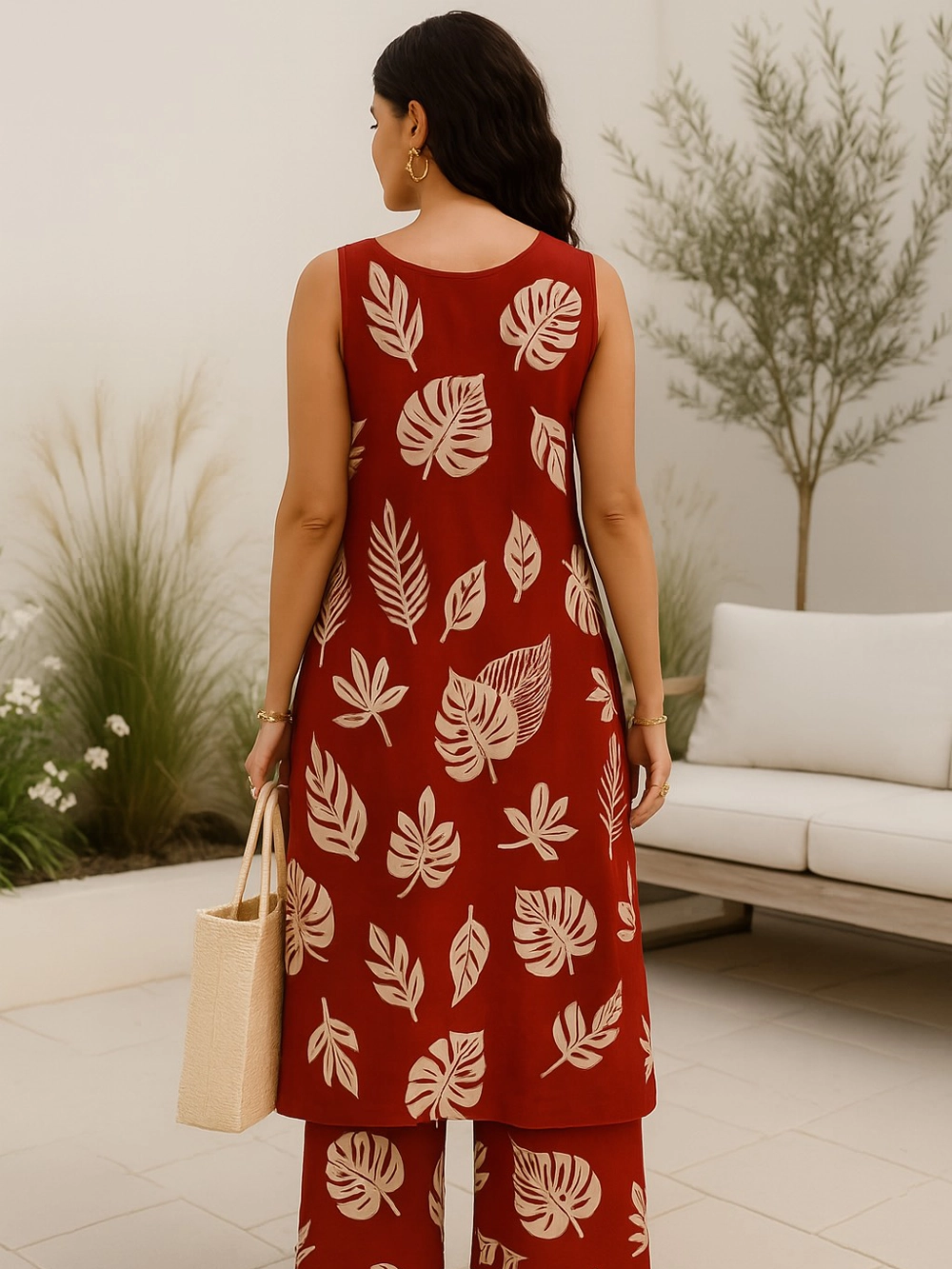 Maroon Sleeveless Co-ord Set with Beige Tropical Leaf Print