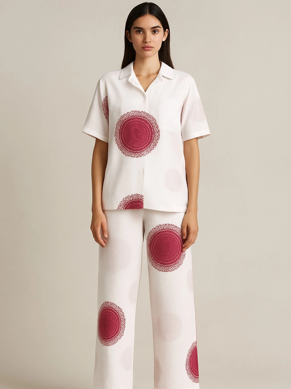 White Co-ord Set with Maroon Circular Mandala Print – Shirt & Wide-Leg Pants