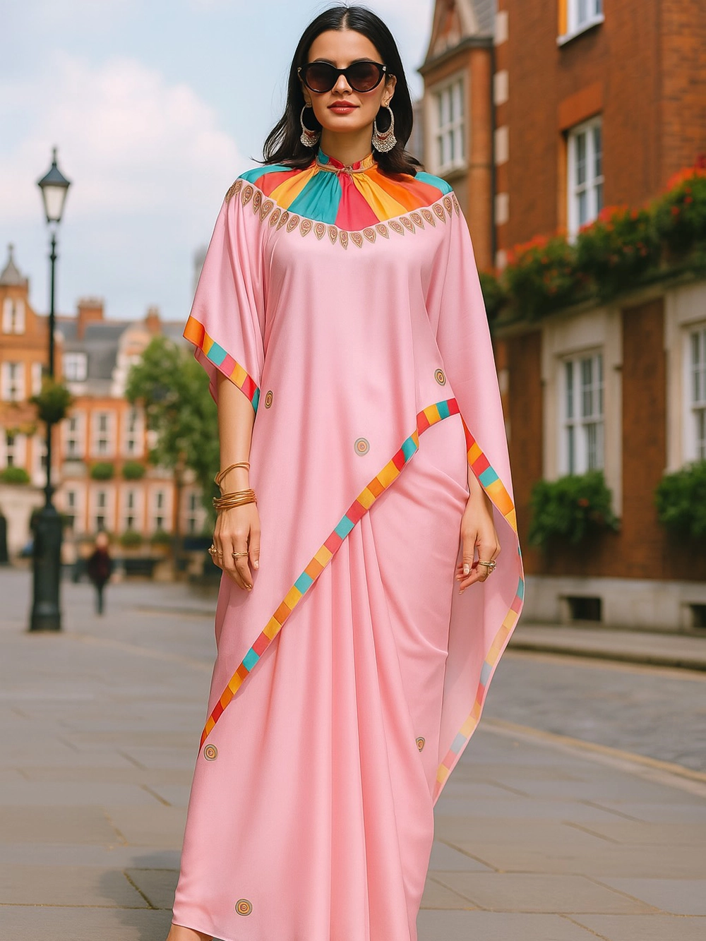 Blush Pink Saree with Geometric Sunburst Motif & Multicolor Border