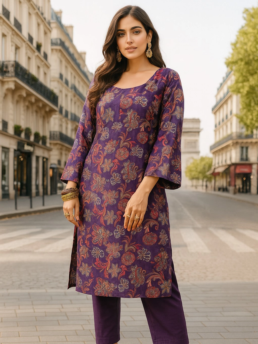 Royal Purple Ethnic Co-ord Set with Floral Motif Kurta & Straight Pants
