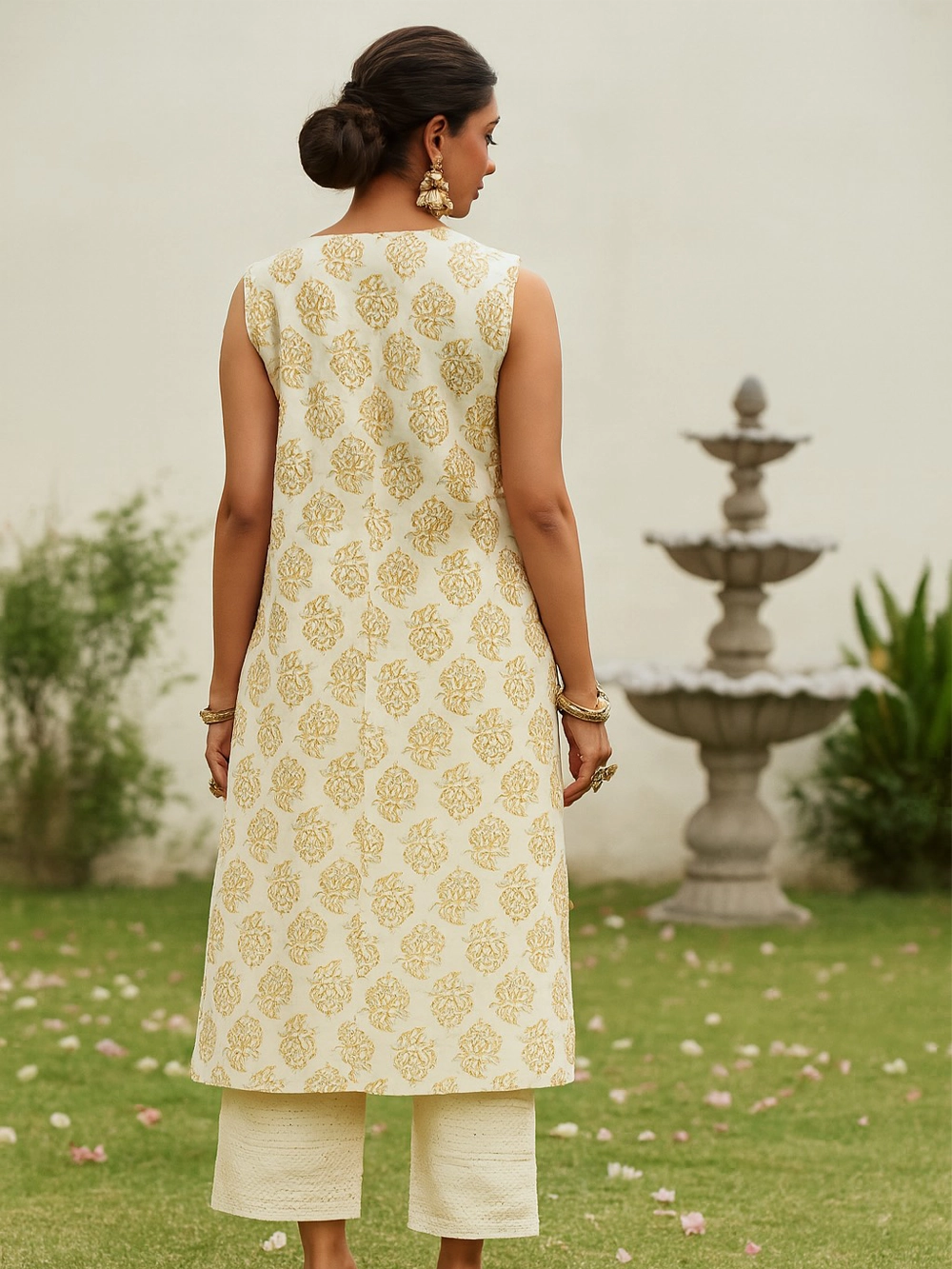 Elegant Cream Printed Sleeveless Kurta Set – Timeless Grace