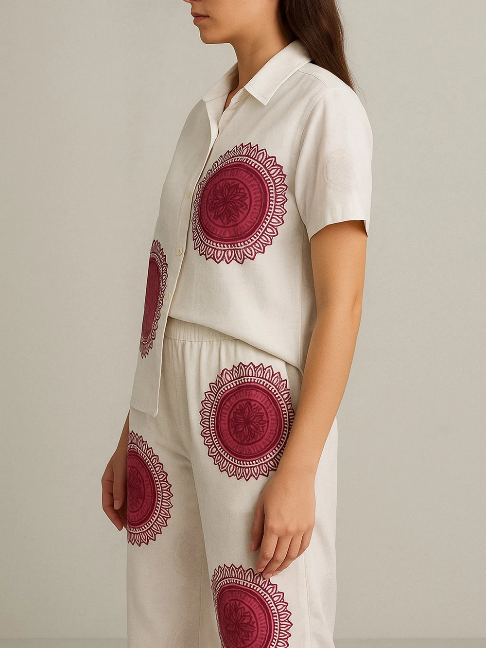 White Co-ord Set with Maroon Circular Mandala Print – Shirt & Wide-Leg Pants