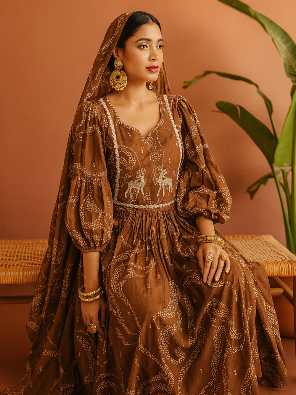 Regal Brown Handcrafted Gown Set with Embroidered Details & Dupatta
