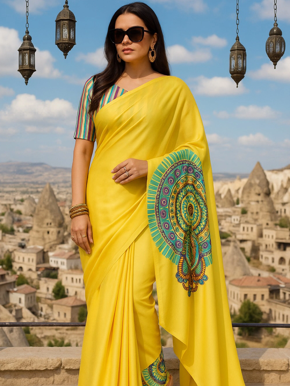 Sunshine Yellow Saree with Bold Mandala Peacock Print & Striped Blouse