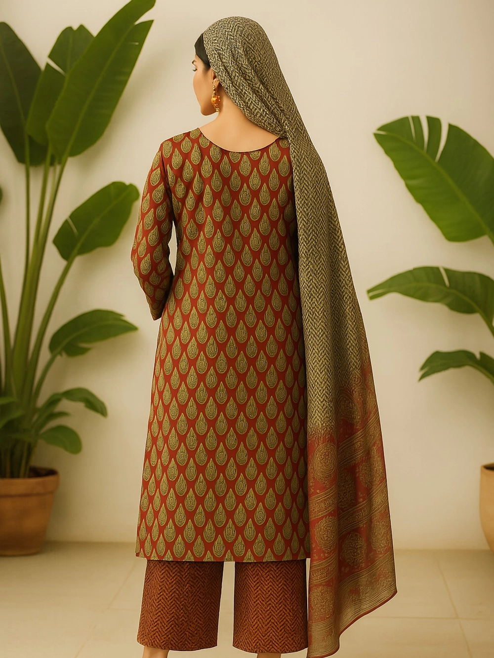 Elegant Rust & Olive Mughal-Inspired Kurta Set with Palazzo & Dupatta