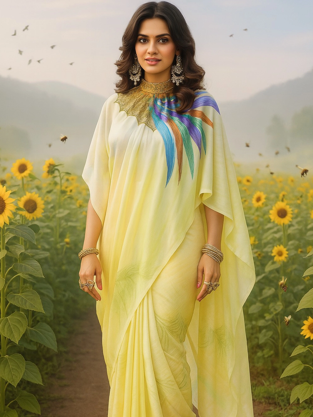 Pastel Yellow Ombre Saree with Sunflower & Peacock Feather Artwork
