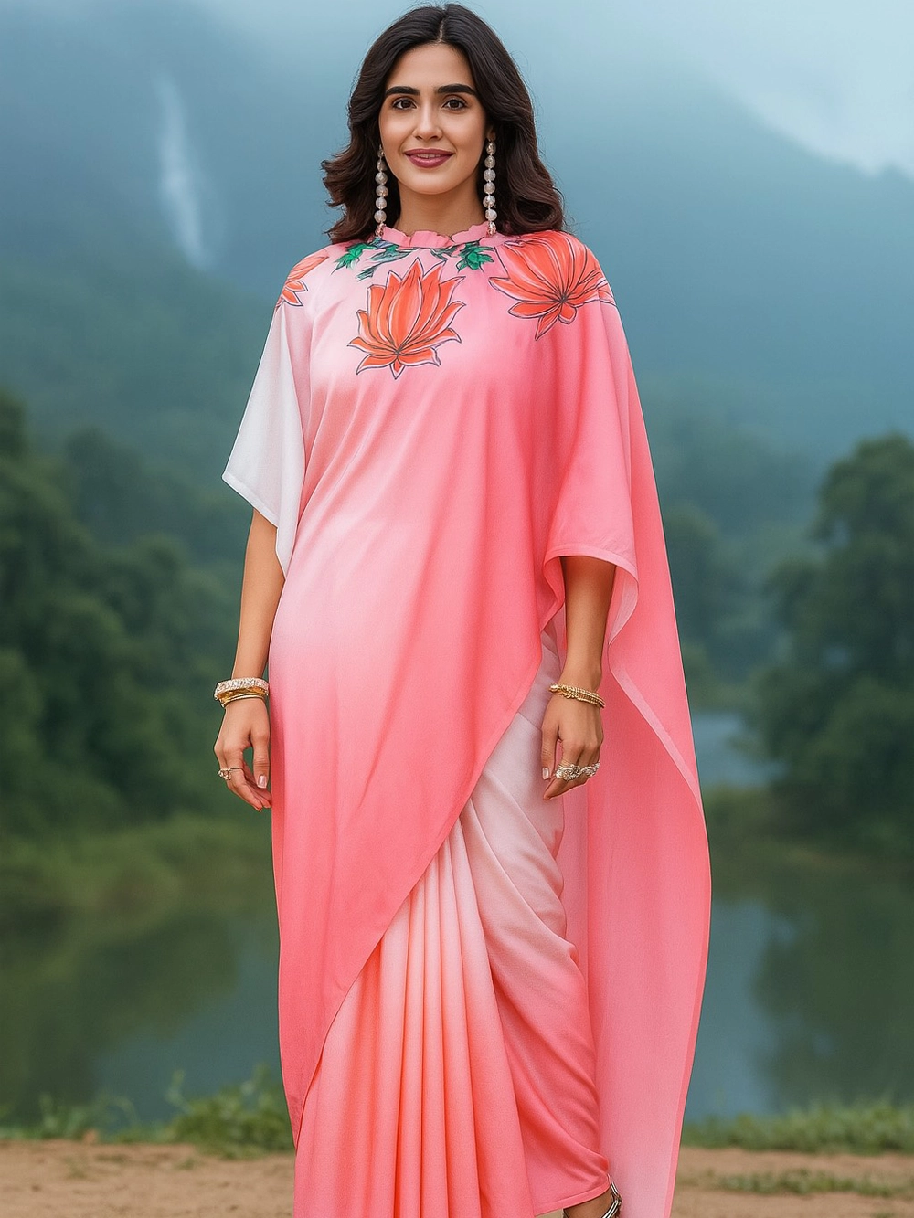Peach Pink Ombre Saree with Bold Floral Pallu Design