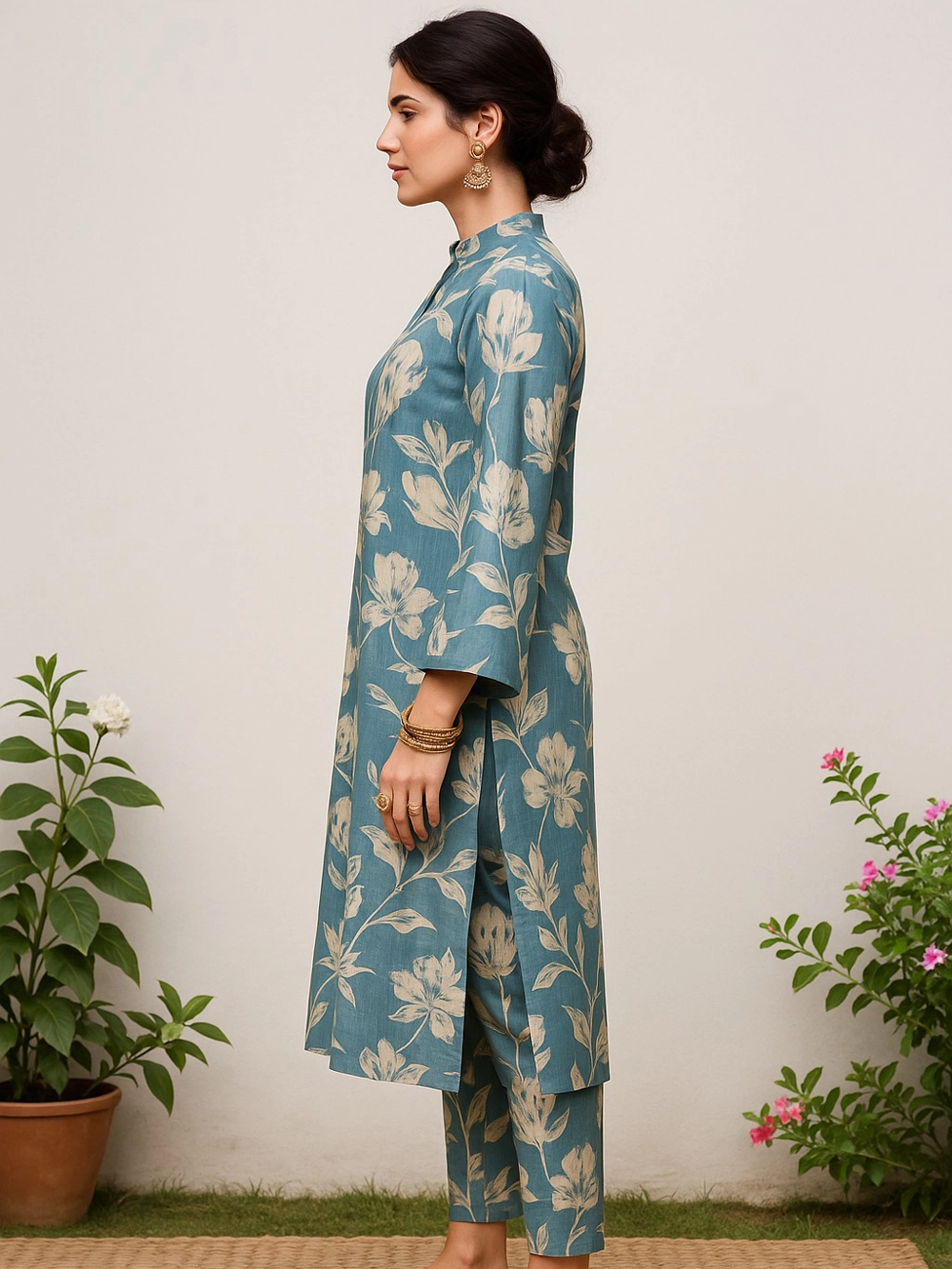 Teal Blue Floral Printed Co-ord Set with Mandarin Collar Kurta