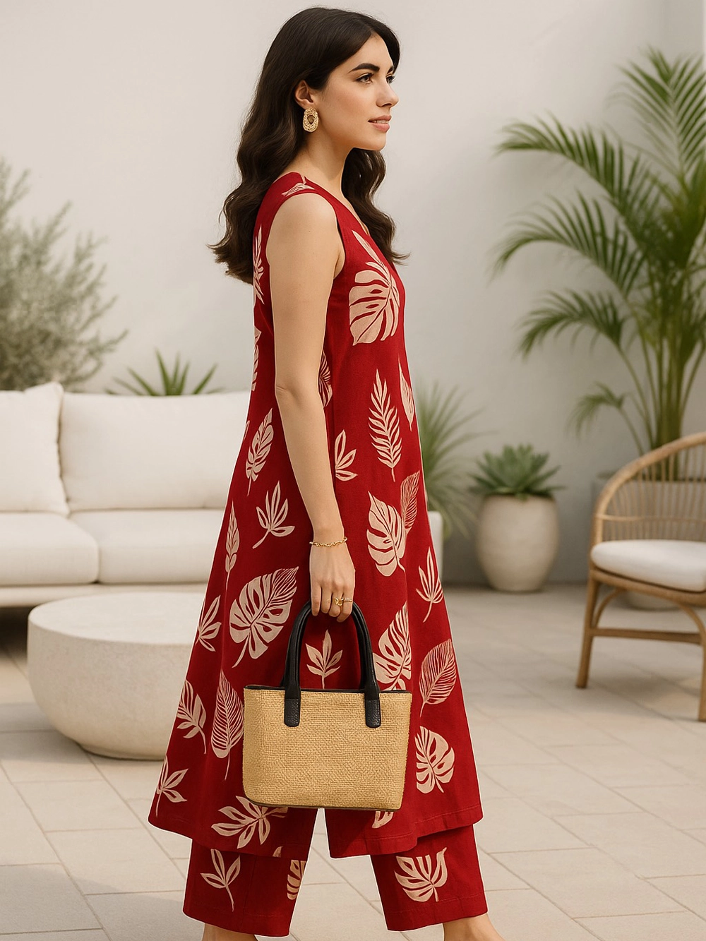 Maroon Sleeveless Co-ord Set with Beige Tropical Leaf Print
