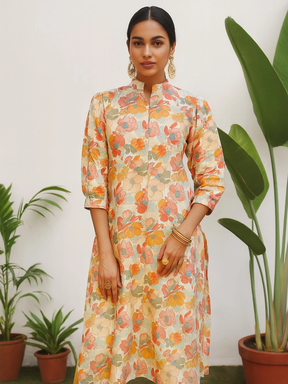 Ivory Floral A-Line Kurthi with Mandarin Collar