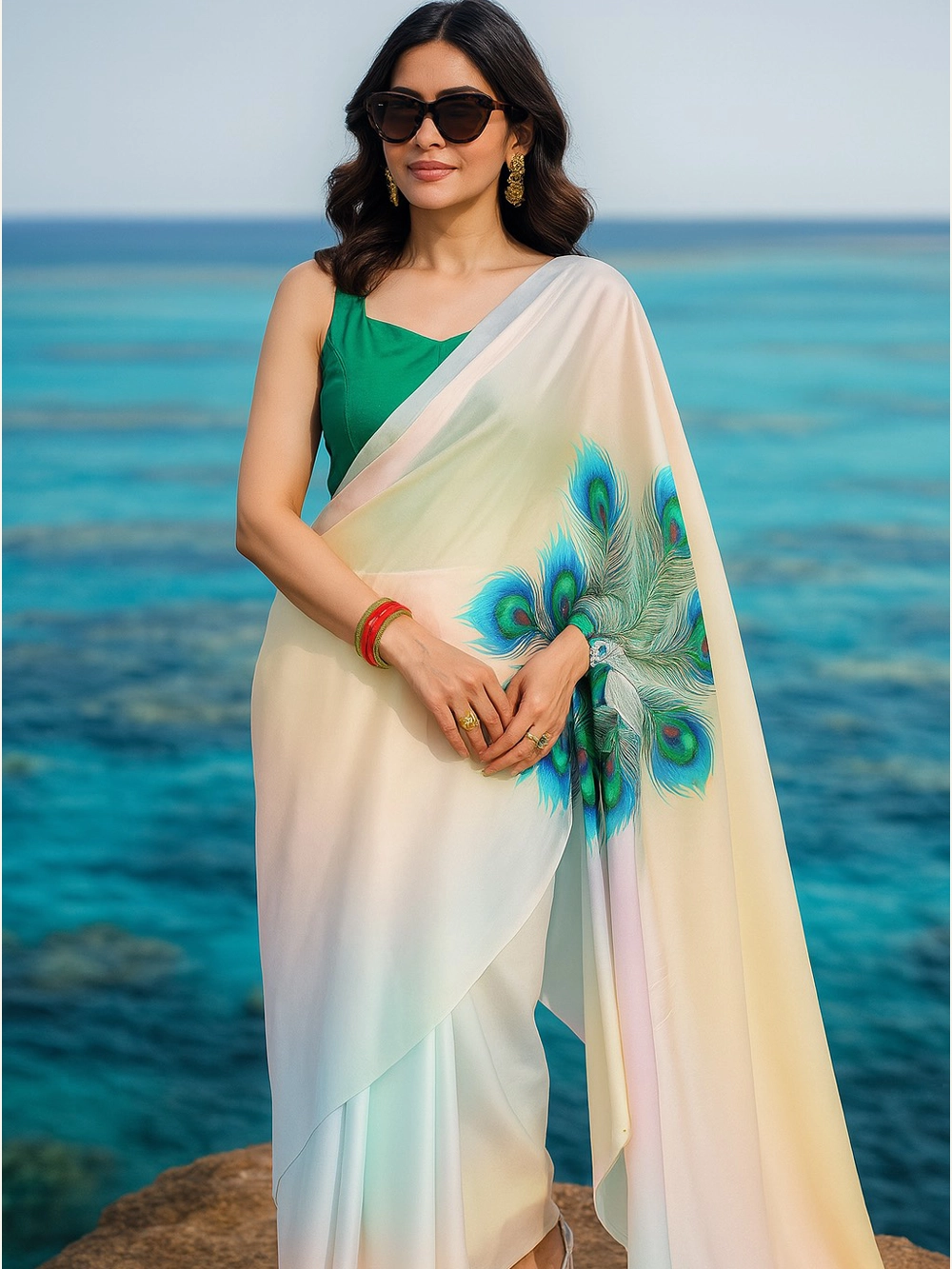 Ivory Ombre Saree with Peacock Feather Print–Elegant Designer Drape