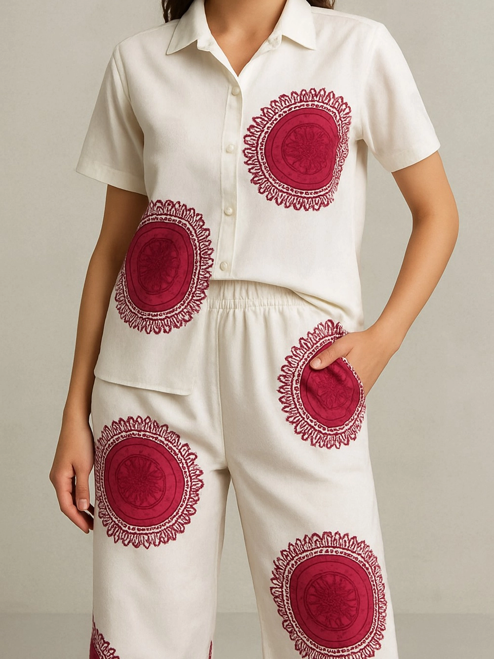 White Co-ord Set with Maroon Circular Mandala Print – Shirt & Wide-Leg Pants