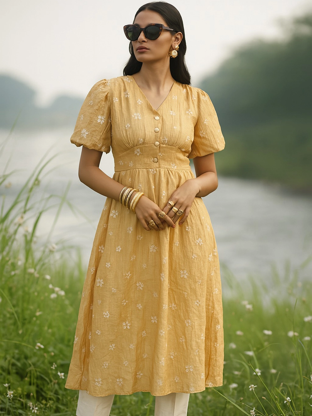 Mustard Yellow Puff Sleeve Dress – Elegant Florals with Vintage Flair