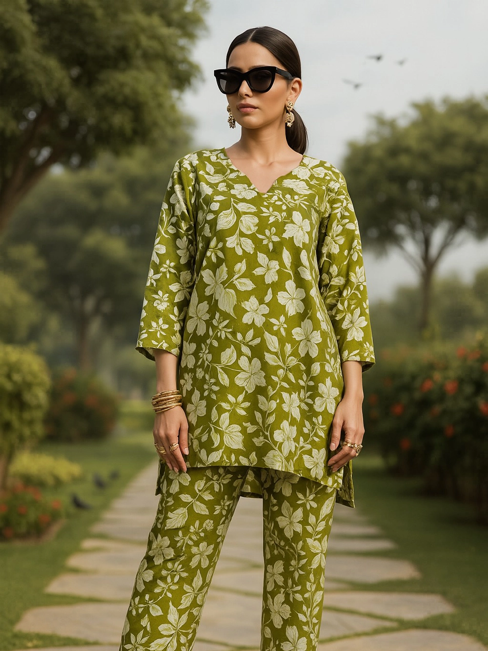 Olive Green Floral Co-ord Set with V-Neck Kurta & Straight Pants