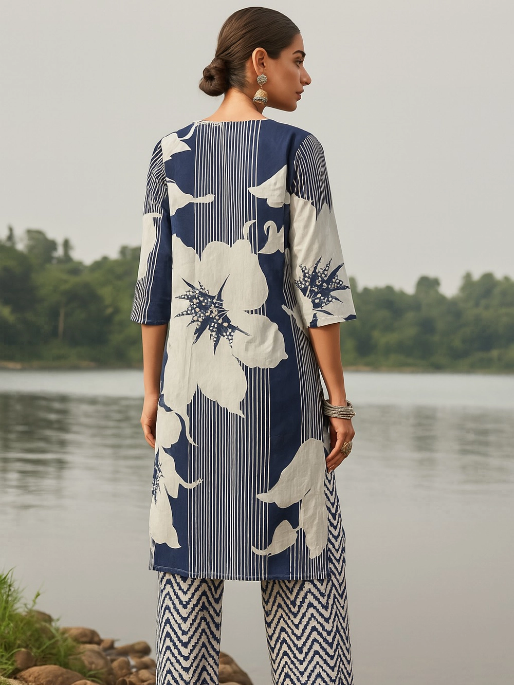 Indigo Blue & White Floral Fusion Kurta Set – Bold Elegance