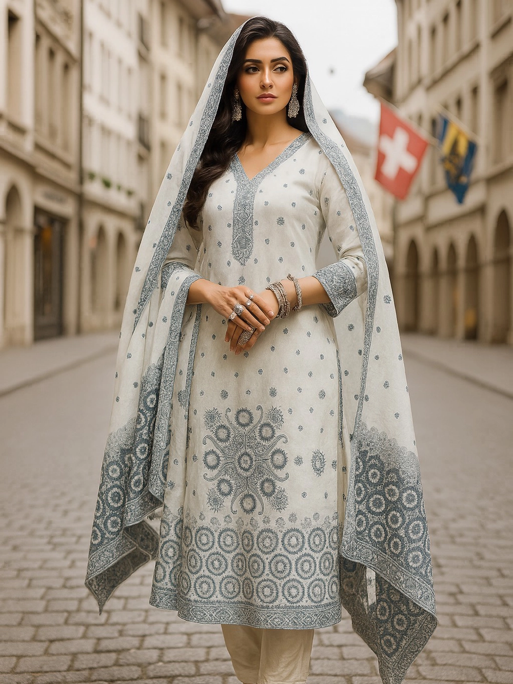Ivory White & Grey Handblock Kurta Set with Dupatta – Timeless Elegance