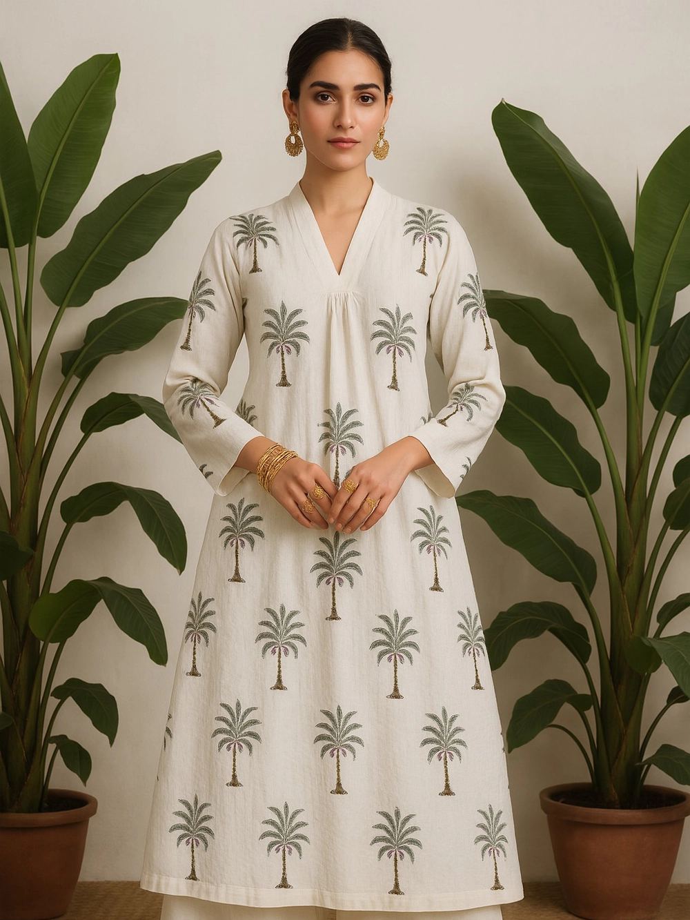 Ivory A-Line Co-ord Set with Palm Tree Embroidery