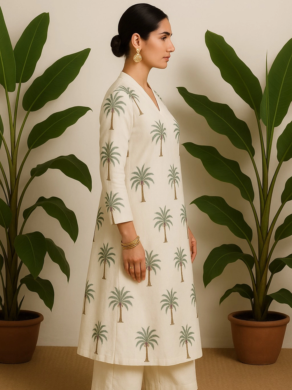 Ivory A-Line Co-ord Set with Palm Tree Embroidery