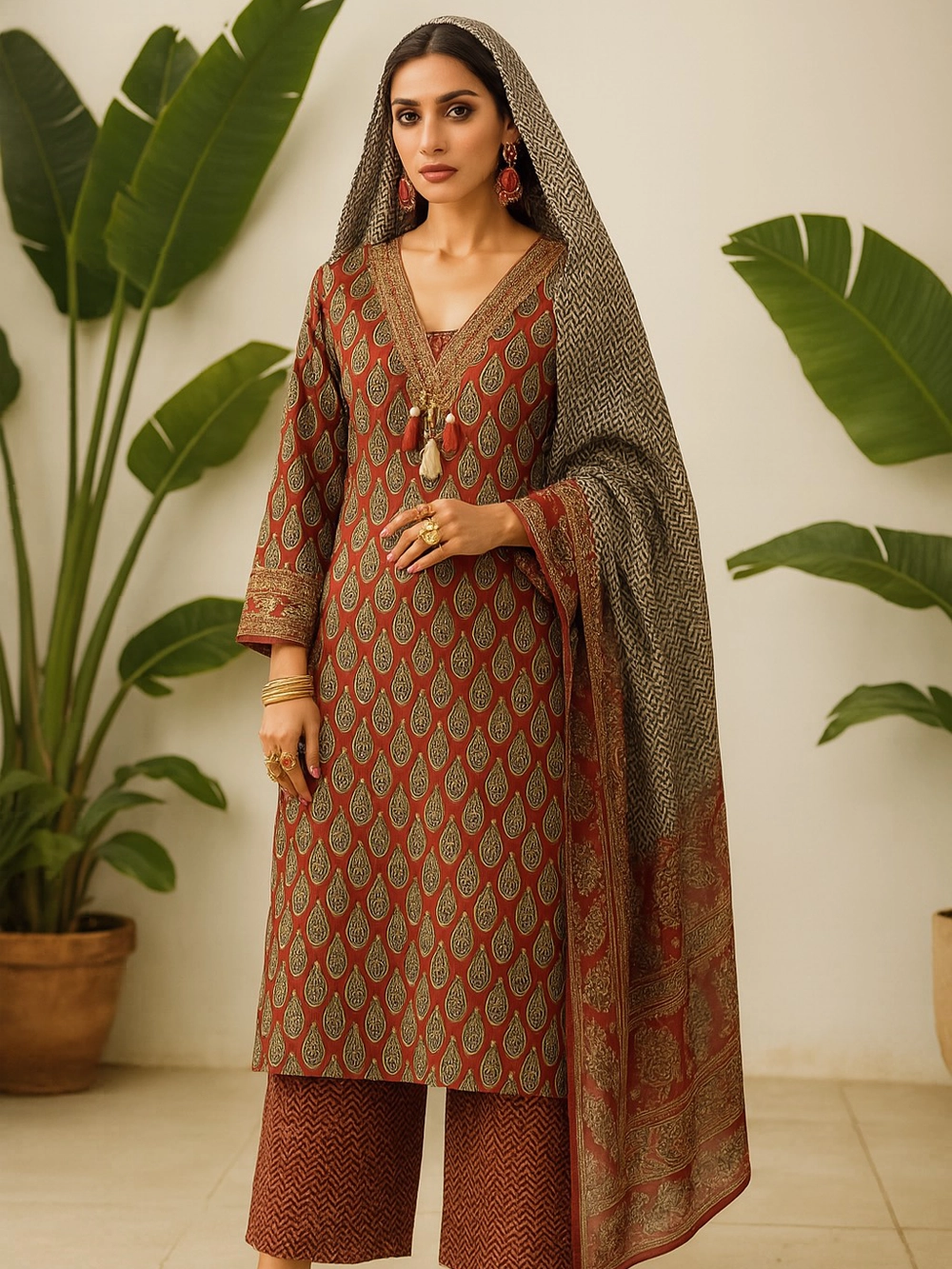 Elegant Rust & Olive Mughal-Inspired Kurta Set with Palazzo & Dupatta