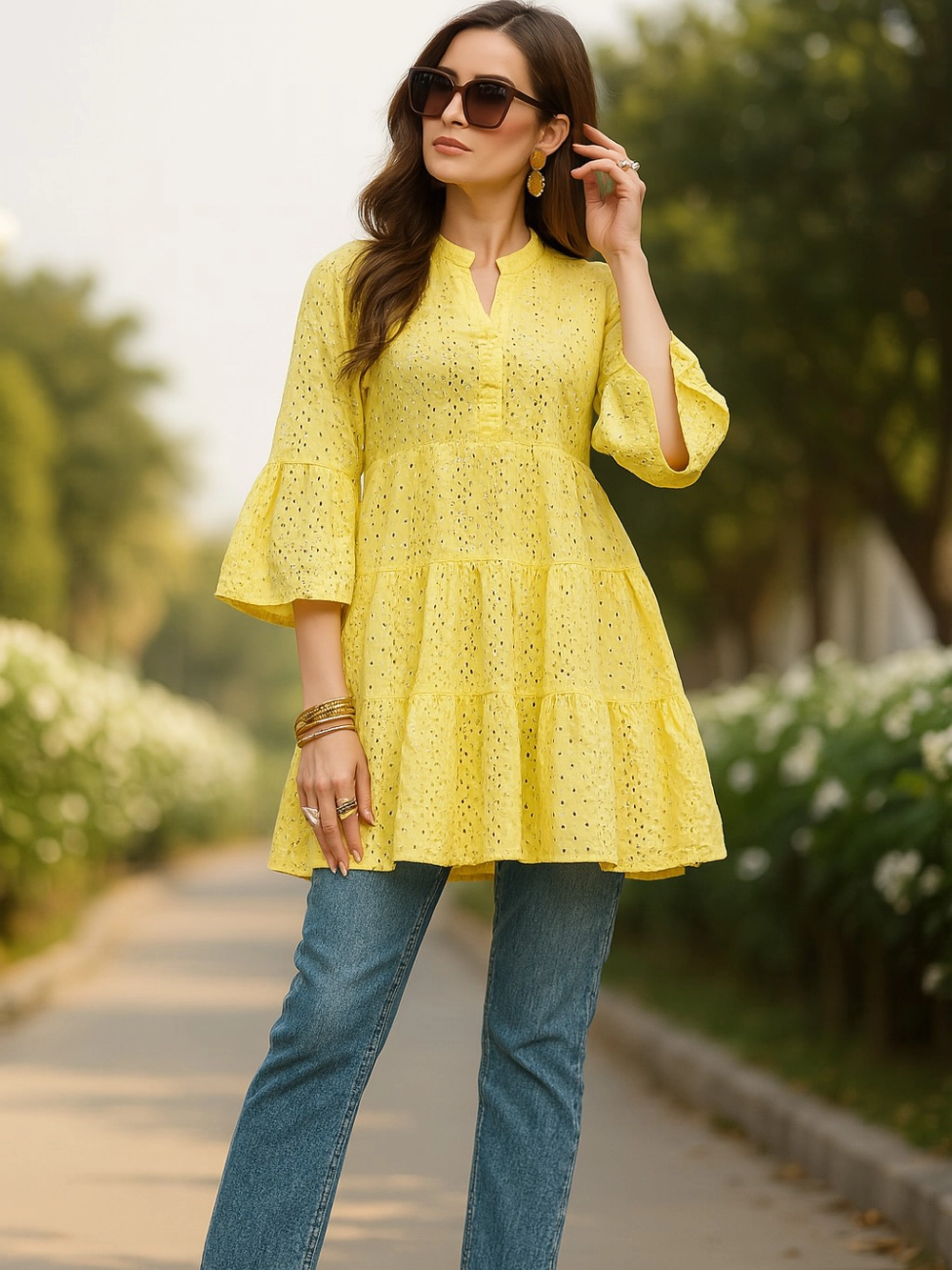 Sunshine Yellow Tiered Short Kurti – Cotton Eyelet Charm
