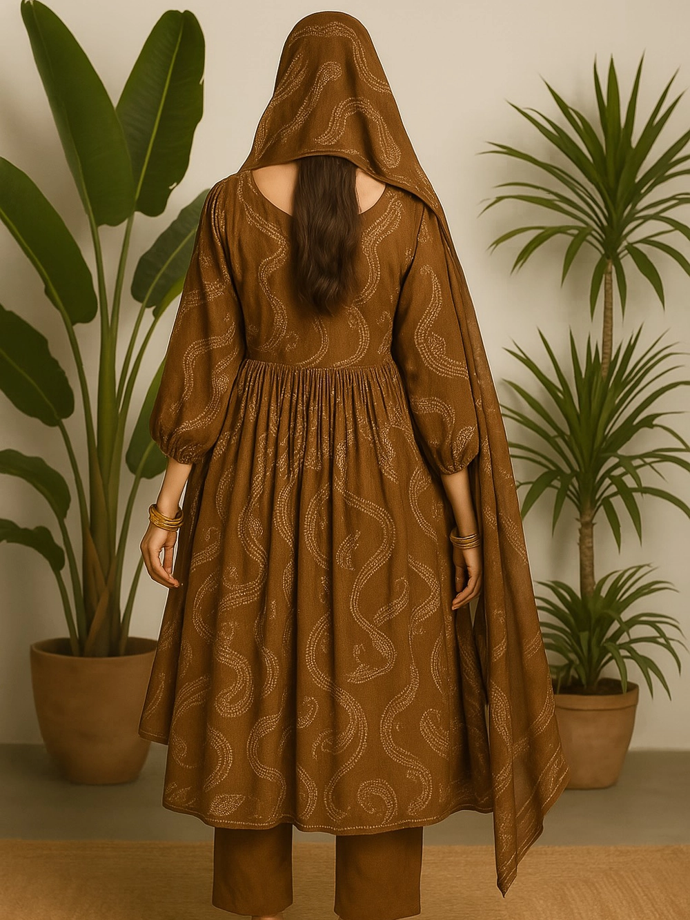Regal Brown Handcrafted Gown Set with Embroidered Details & Dupatta
