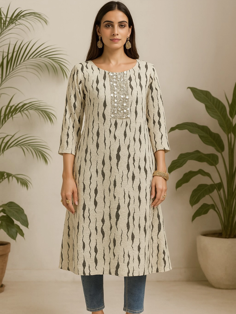 Beige Textured Mirror Work Kurta – Modern Grace with Ethnic Charm