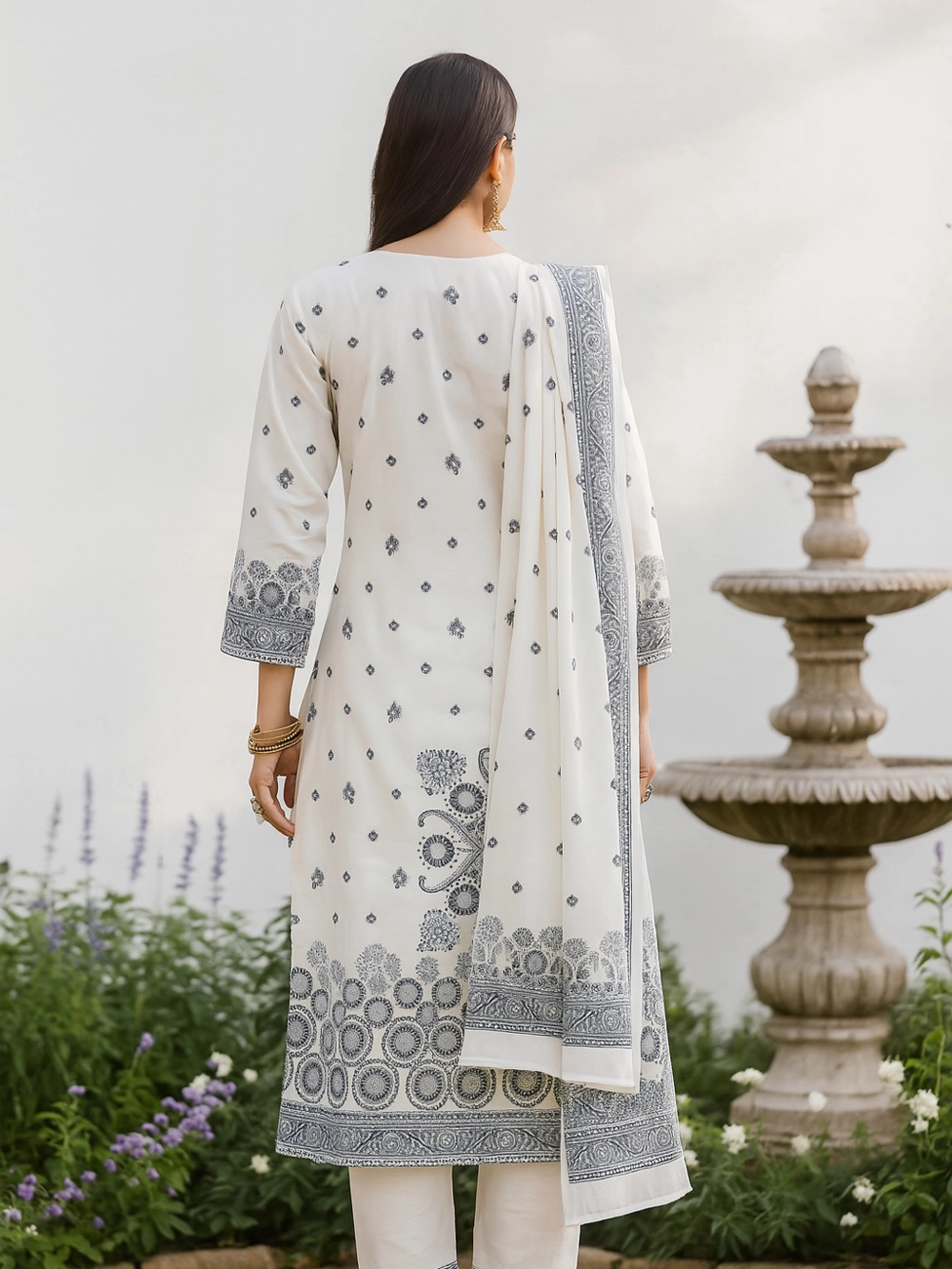 Ivory White & Grey Handblock Kurta Set with Dupatta – Timeless Elegance