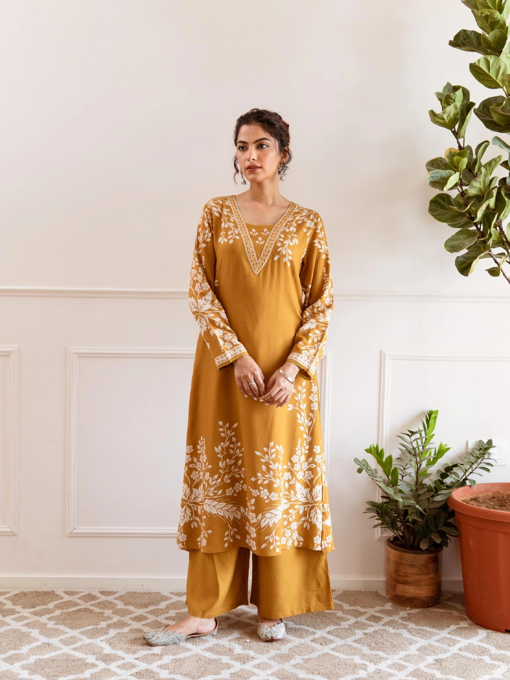 Mustard Yellow Floral Printed Kurta with Palazzo – Elegant Everyday Set