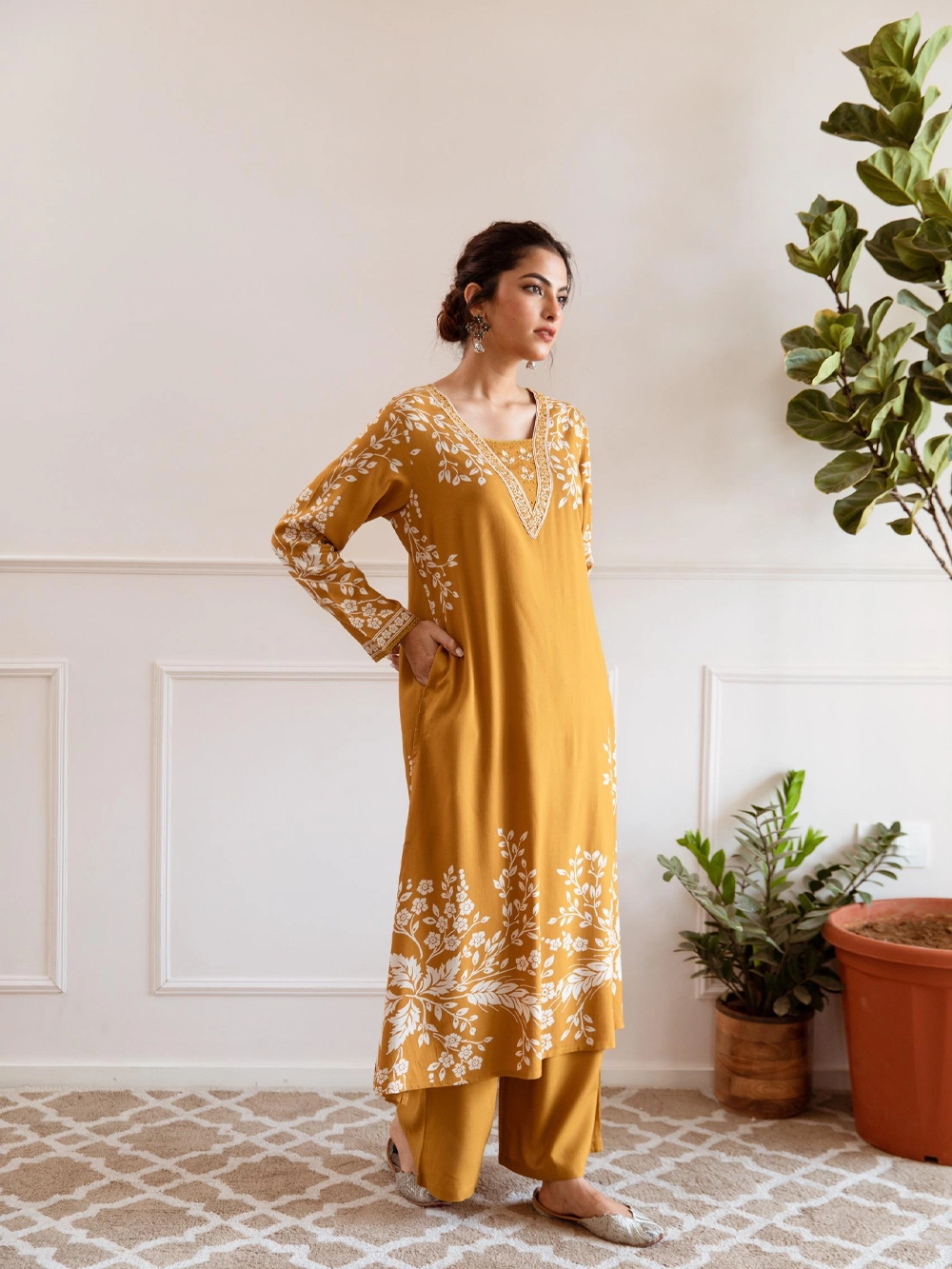 Mustard Yellow Floral Printed Kurta with Palazzo – Elegant Everyday Set