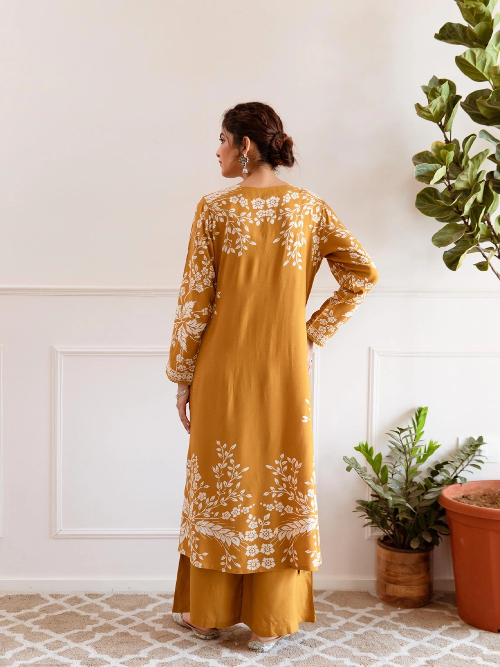 Mustard Yellow Floral Printed Kurta with Palazzo – Elegant Everyday Set